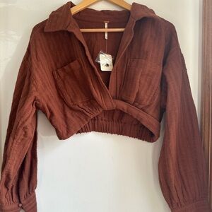 Free People Rust Cropped Long Sleeve Twist Top